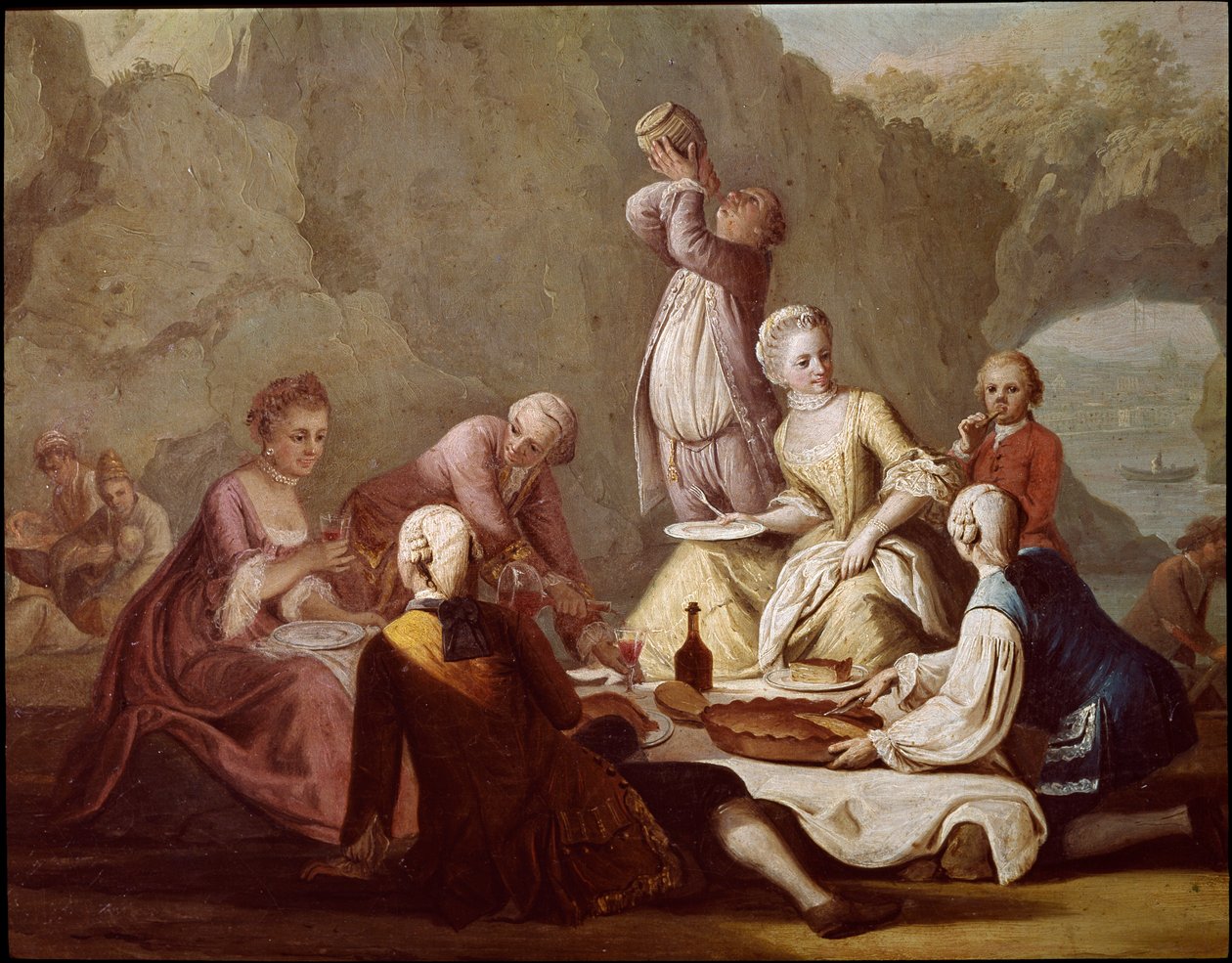 Juhlakohtaus Posillipossa (Pausilippe) Napoli Yksityiskohta aristokraateista piknikillä - Juhla Posillipossa - Yksityiskohta aristokraateista - Pietro Fabrisin maalaus 1700-luvun Museo Nazionale di San Martino Napoli tekijältä Pietro Fabris