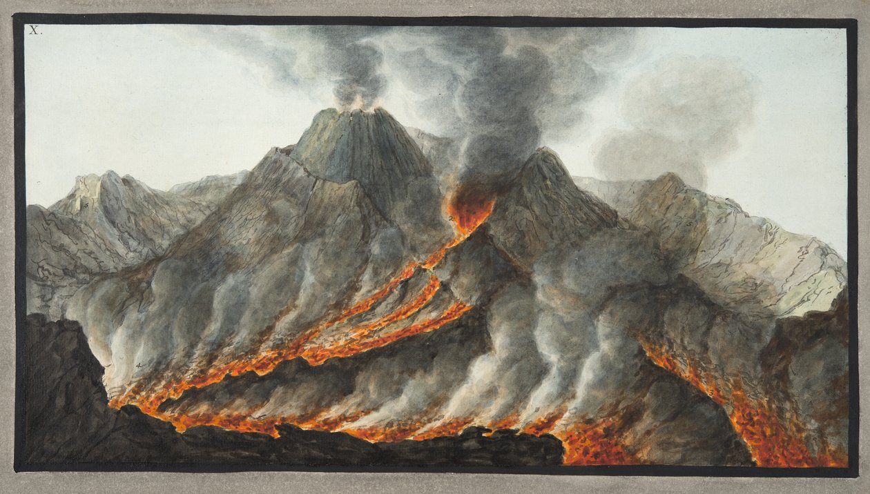 Vesuviuksen kraatteri alkuperäisestä piirroksesta, joka on tehty paikan päällä vuonna 1756, levy 10 teoksesta "Campi Phlegrai: Observations of the Volcanoes of the Two Sicilies", Sir William Hamilton (1730-1803), tekijältä Pietro Fabris