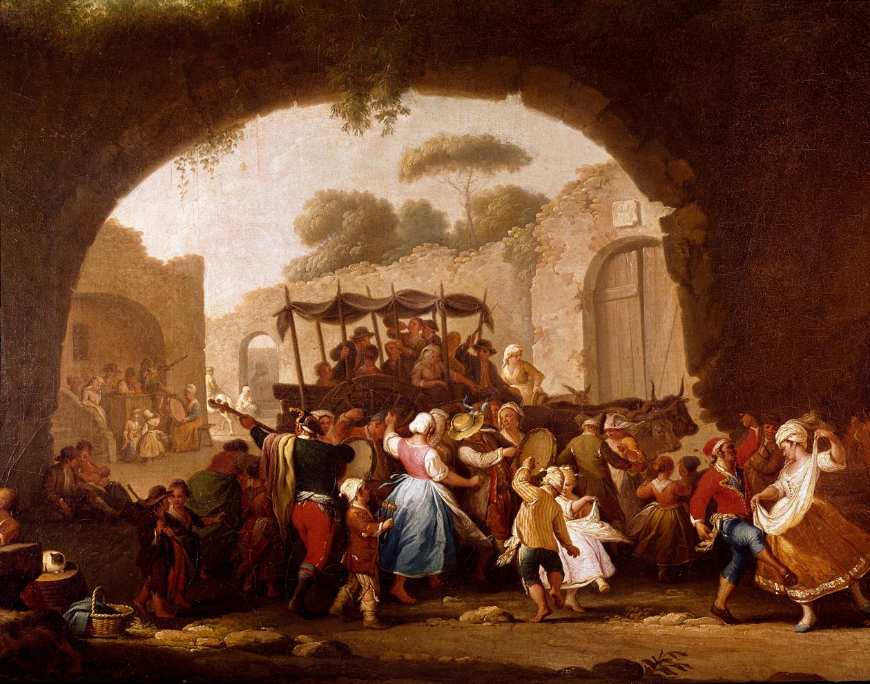 Tanssikohtaus ja suosittu juhla Napolissa. Tarantella-tanssijat (tarantella, tarantella). Pietro Fabrisin maalaus (toimii vuosina 1763-1776) 1700-luvun Napoli, Museo Nazionale di San Martino tekijältä Pietro Fabris