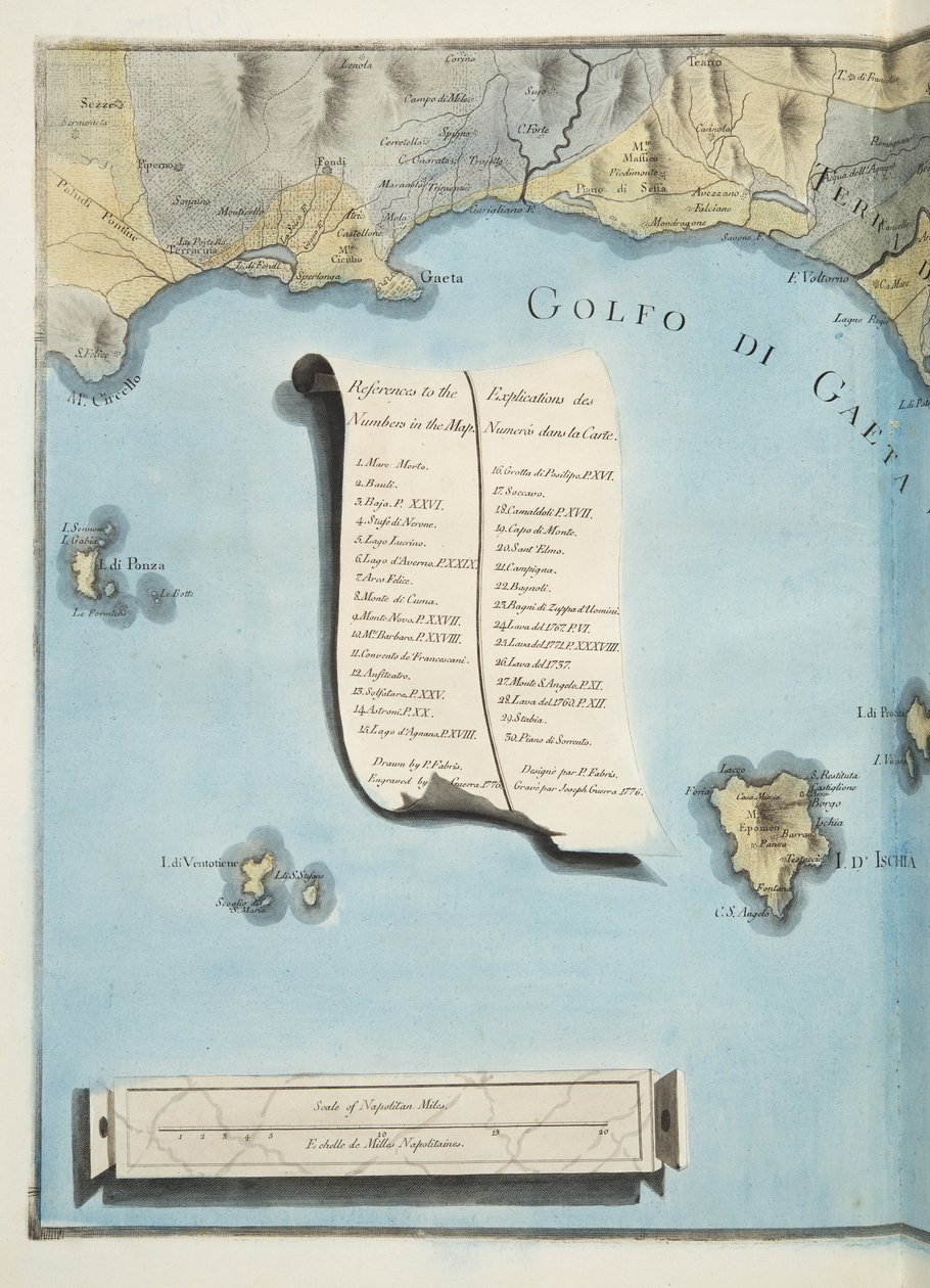 Gaetanlahden kartta julkaisusta "Campi Phlegraei: Havaintoja kahden Sisilian tulivuorista", Sir William Hamilton (1730-1803), julkaistu 1776 (käsinvärinen kaiverrus) tekijältä Pietro Fabris