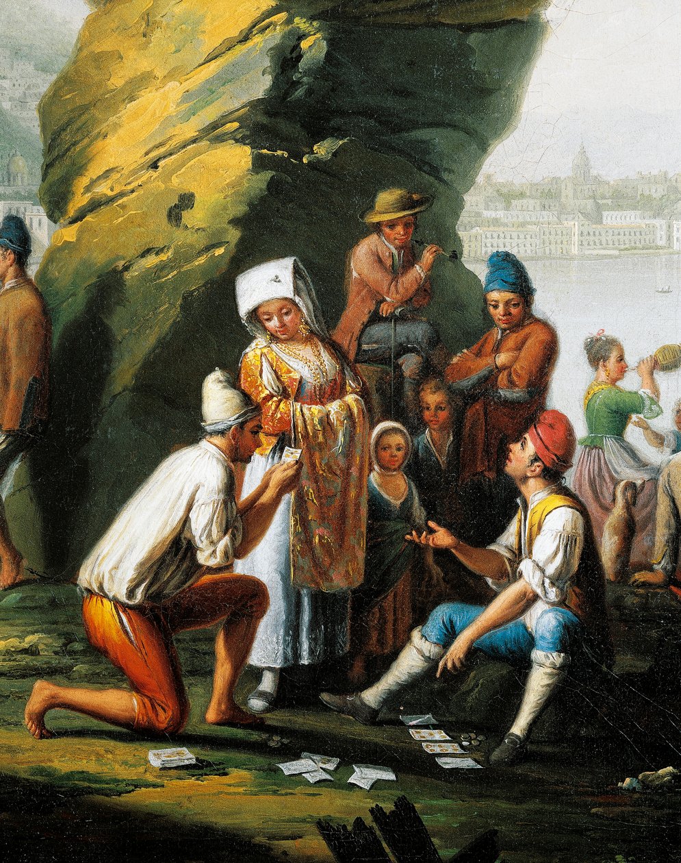 Arjen kohtaus Posillipon luolassa, miehet pelaavat korttia, kirjoittanut Pietro Fabris (toimii 1768-1778), öljy kankaalle, yksityiskohta tekijältä Pietro Fabris