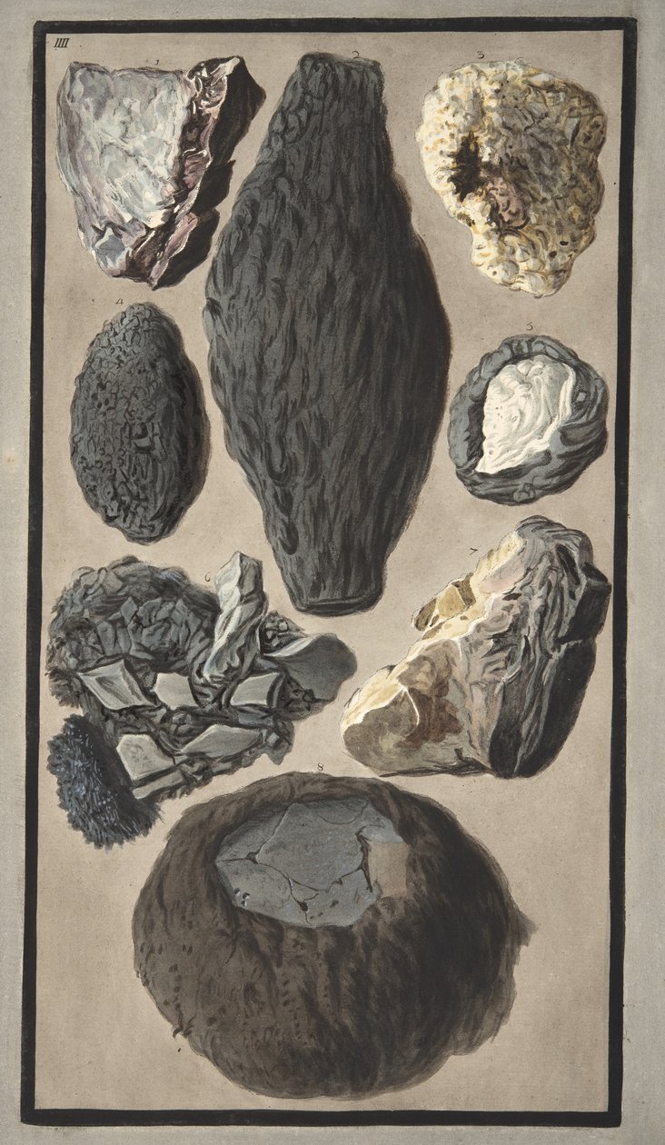 Näytteitä vulkaanisesta aineesta, Sir William Hamiltonin (1730-1803) teoksesta "Campi Phlegraei: Observations on the Volcanoes of the Two Sicilies", julkaistu 1776 (käsinvärinen kaiverrus) tekijältä Pietro Fabris