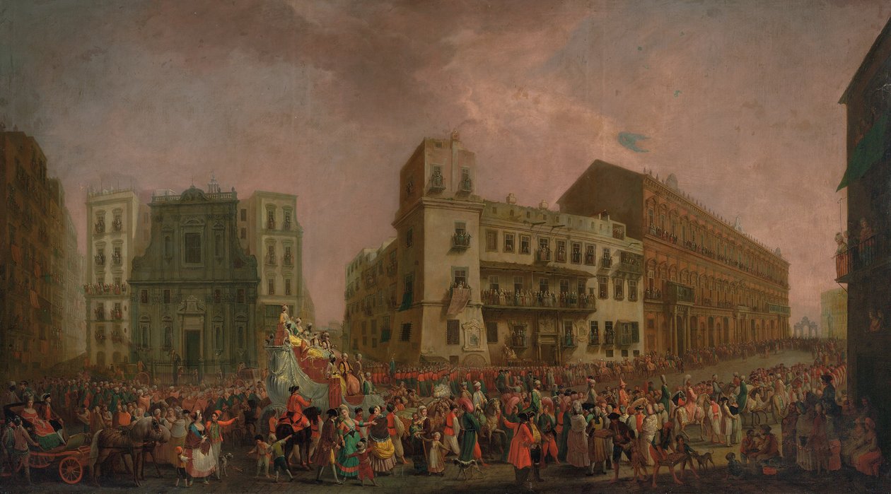 Karnevaali Napolissa vuonna 1778, jossa "Cavalcata turca" kulki Largo di Palazzon läpi, noin 1778 tekijältä Pietro Fabris