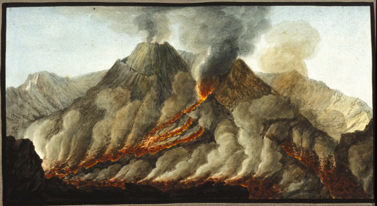 Purkautuva vesuvius. Tämän guassin toteutti Pierre Fabris Englannin Napoli-suurlähettilään Sir William Hamiltonin pyynnöstä.Bibl. Braidense, Milano. tekijältä Pietro Fabris