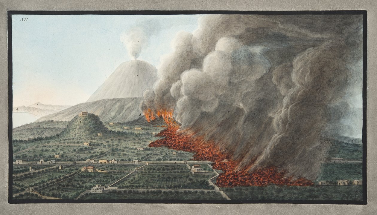 Näkymä Vesuvius-vuoren purkauksesta, joka alkoi 23. joulukuuta 1760 ja päättyi 5. tammikuuta 1761, levy 12 teoksesta "Campi Phlegraei: Observations on the Volcanoes of the Two Sicilies", kirjoittanut Sir William Ham tekijältä Pietro Fabris