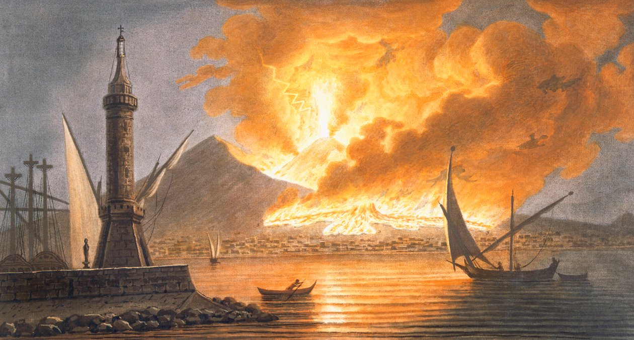 Näkymä Vesuviuksen suuresta purkauksesta Napolin myyrästä yöllä 20. lokakuuta 1767, 1776 tekijältä Pietro Fabris