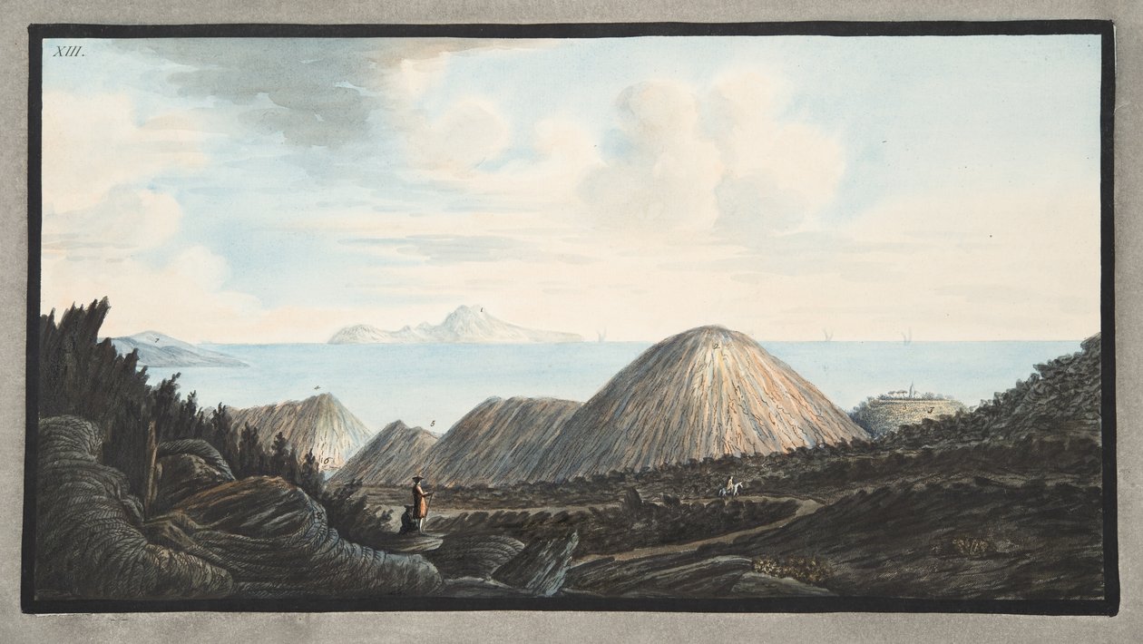 Näkymä vuonna 1760 tapahtuneen räjähdyksen nostattaman pienen vuoren nykytilasta, kuva XIII, Campi Phlegraei -lehdestä: Observations on the Volcanoes of the Two Sicilies", Sir William Hamilto. tekijältä Pietro Fabris
