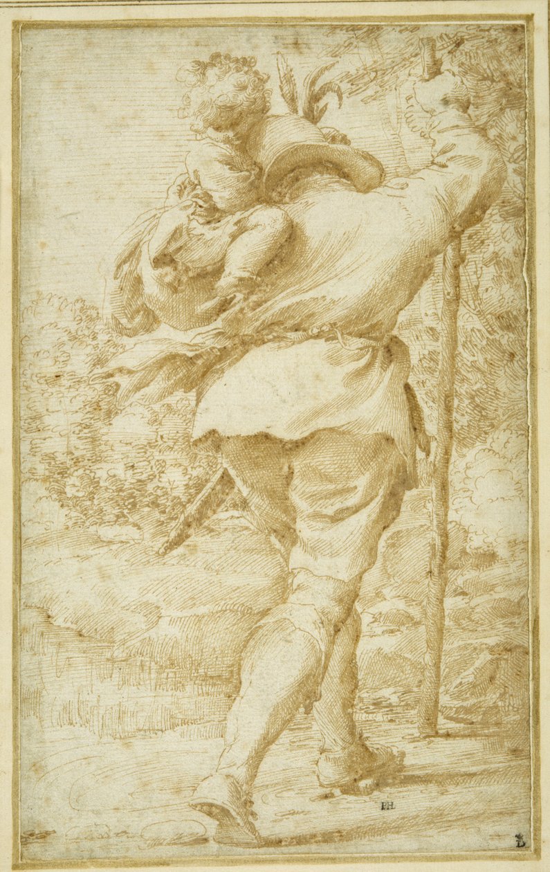 St. Christopher lautalla Christ Childia (kynä ja ruskea muste valkoisella paperilla) tekijältä Pietro Faccini