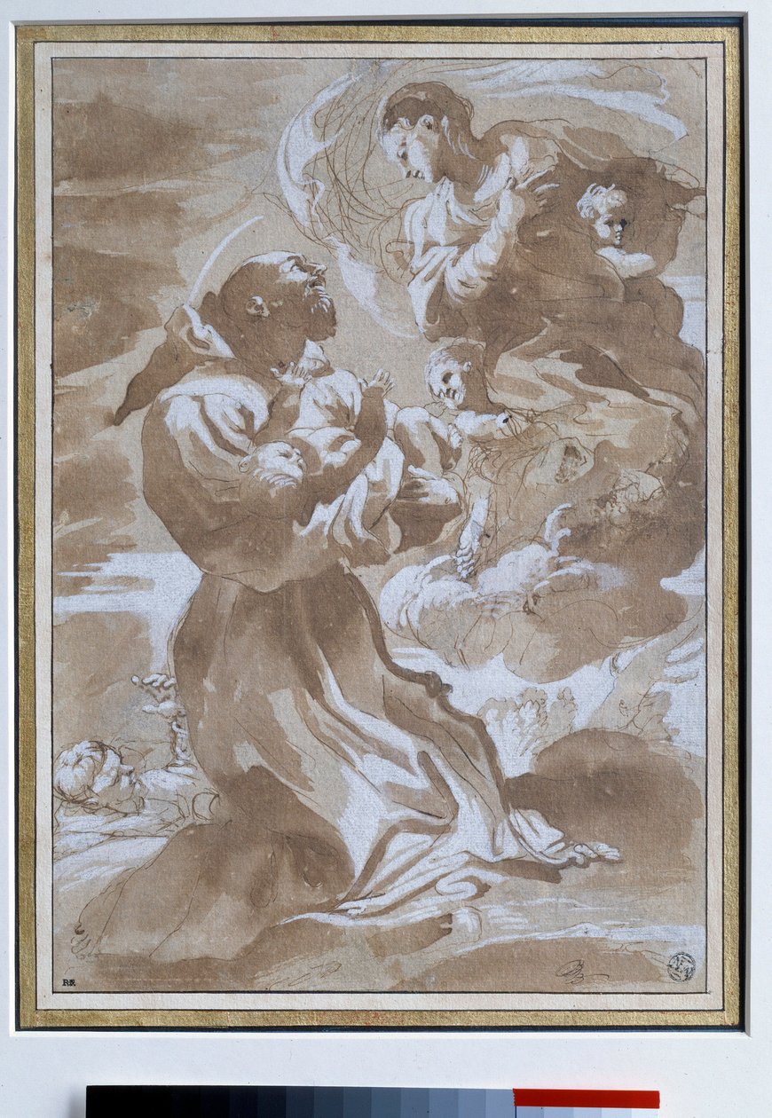 Neitsyt jakavat Jeesuksen lapsen pyhälle Francois Assisilaiselle Pietro Faccinin (1560-1602) piirustus 1500-luvun su. 0,23 x 0,33 m Pariisi. Louvren taidemuseo tekijältä Pietro Faccini