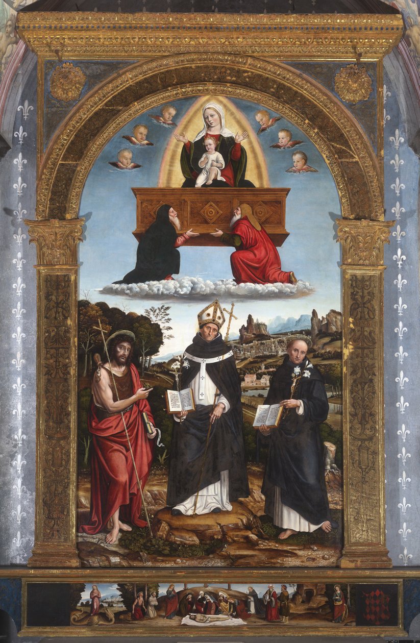 Madonna Odigitria pyhimysten kanssa: Johanneksen Kastajan, Antonino Firenzen ja Nicola Tolentinon kanssa. tekijältä Pietro Francesco (1485-1528) Sacchi