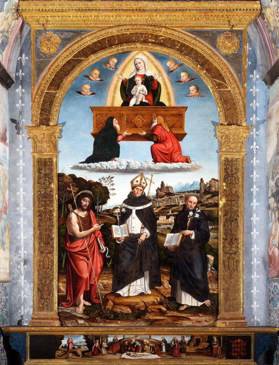 Odigitria Madonna pyhien Johannes Kastajan, Firenzen Antoninuksen ja Nicola da Tolentinon kanssa, allekirjoitettu ja päivätty tekijältä Pietro Francesco (1485 1528) Sacchi