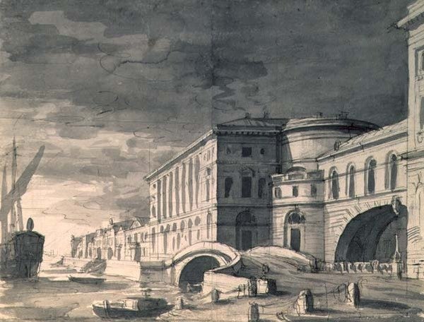 Näkymä Nevan rantakadulle ja Eremitaaši-teatteri keskellä, vuoden 1802 jälkeen (kynä, sivellin, muste ja lyijykynä) tekijältä Pietro Gonzaga