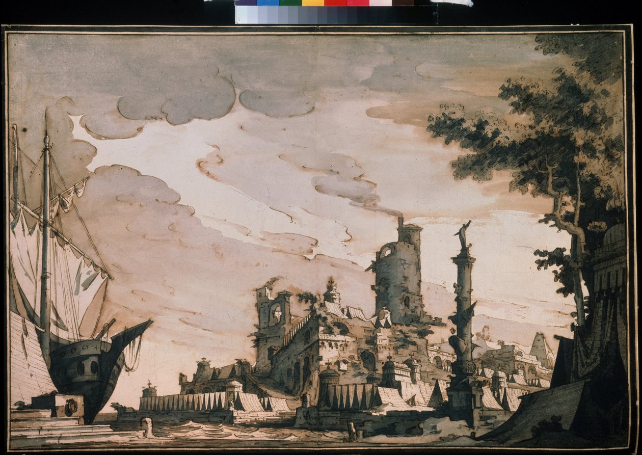 ""Näkymä satamaan"" Teatterin sisustus. Akvarelli Pietro di Gottardo Gonzaga (1751-1831) 1818. Akvarelli ja muste paperille. Moskova, Pushkin-museo tekijältä Pietro Gonzaga