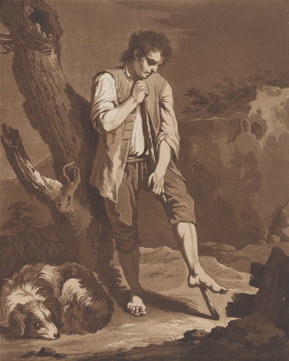 The Shepherds Rest, nuori mies lepää kepillä koiransa makaaessa hänen jalkojensa juuressa..., noin. 1757-1804. tekijältä Pietro Jacopo Palmieri
