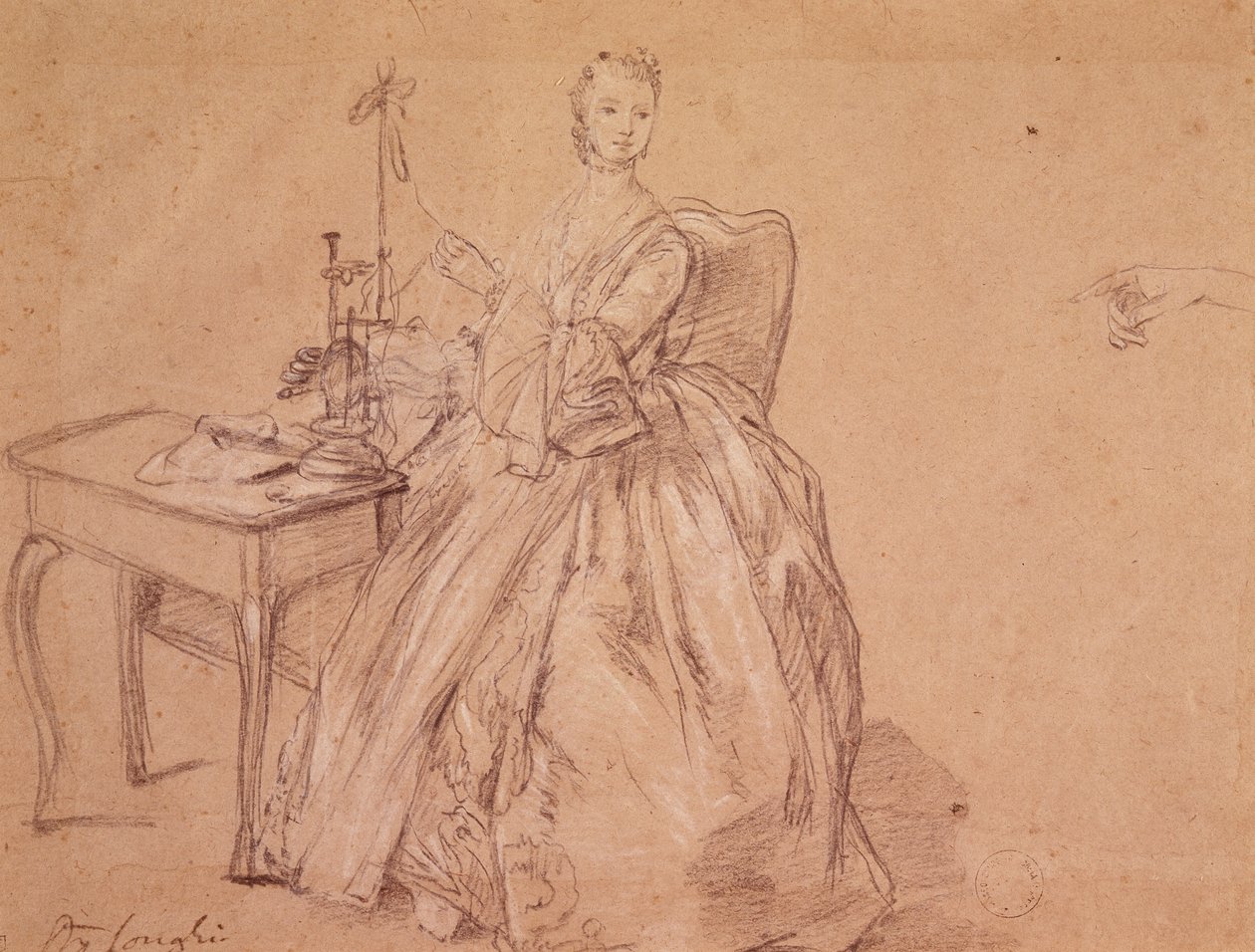 Nainen pyörimässä (kynä ja valkoinen liitu paperille) tekijältä Pietro Longhi