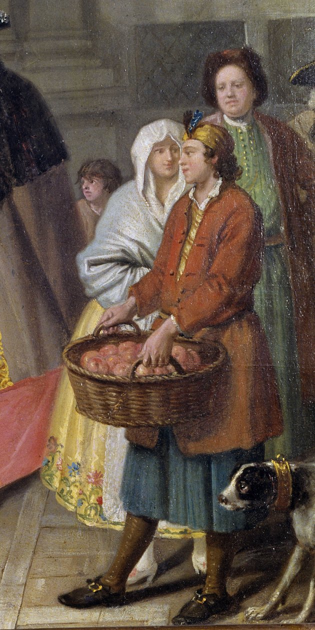 Keskustelu maskien tai omenamyyjän kanssa (yksityiskohta) tekijältä Pietro Longhi