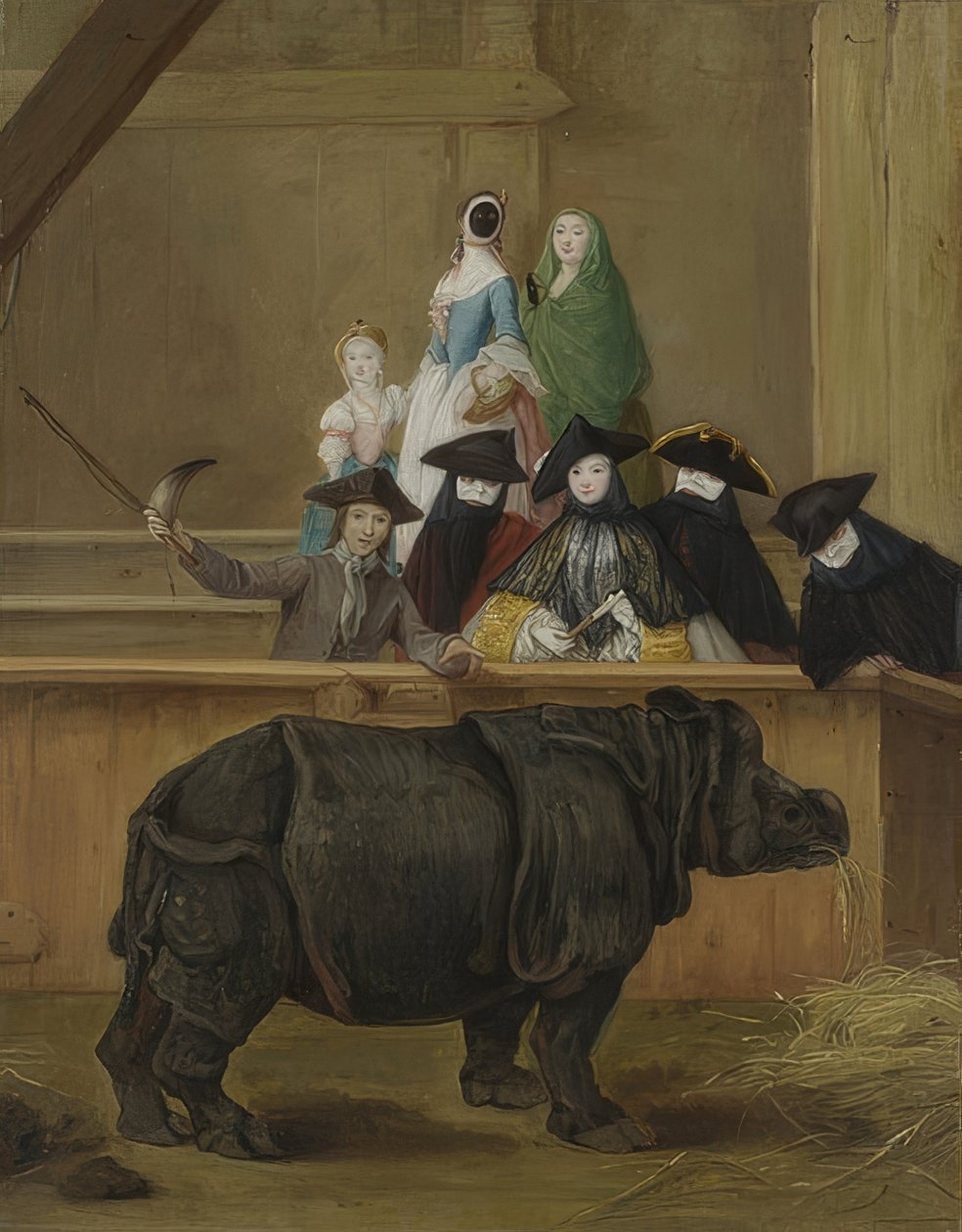 Sarvikuonon esittely Venetsiassa. Luultavasti 1751 tekijältä Pietro Longhi
