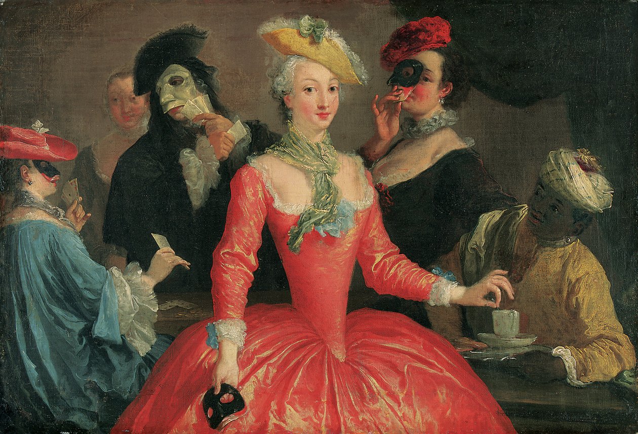 Tyylikäs yritys naamiaisasussa, joka ottaa kahvia ja pelikortteja tekijältä Pietro Longhi