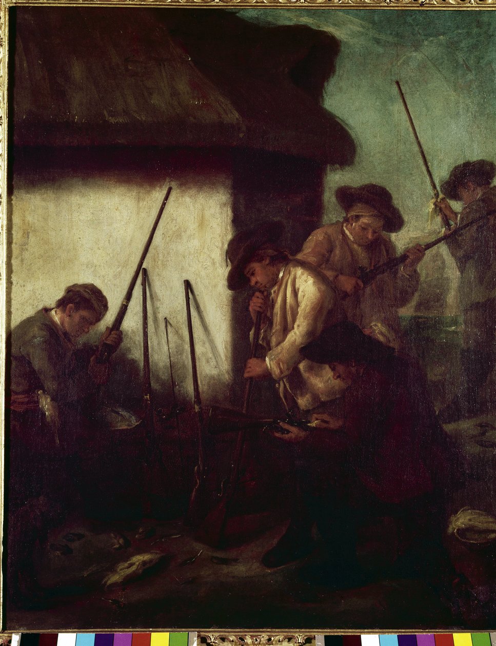 Metsästys laaksossa: aseiden valmistus - Pietro Longhin (1702-1785) maalaus, öljy kankaalle, 61x50 cm tekijältä Pietro Longhi