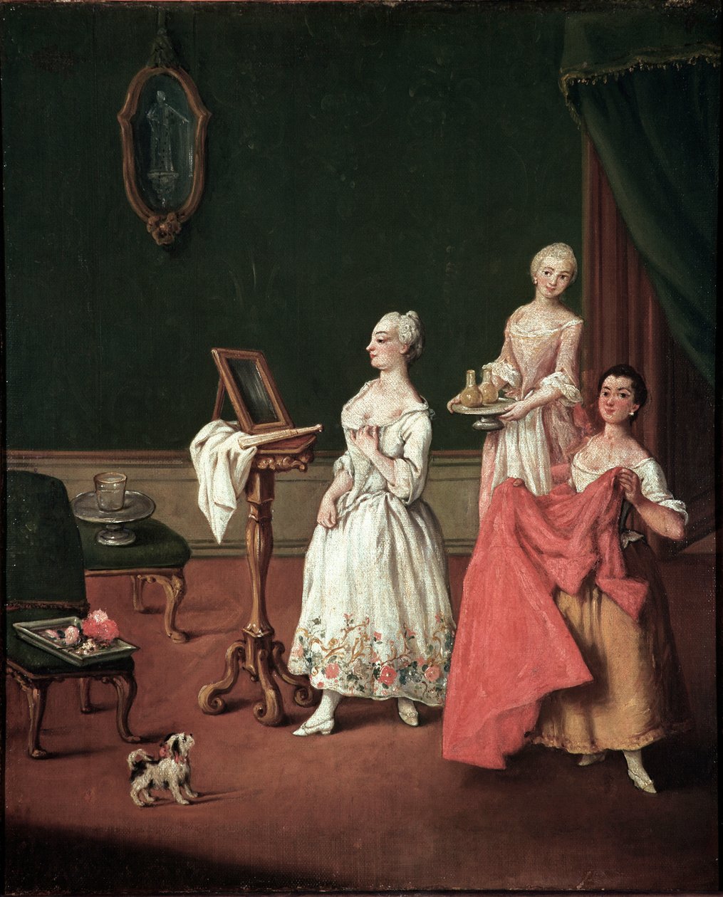 La toilette (Pukeutumisistunto) Venetsialainen aristokraatti pidätti peilinsä edessä kaksi palvelijaa - Pietro Longhin (1701-1785) maalaus 1760 Dim 61x50 cm Venetsia, Ca 