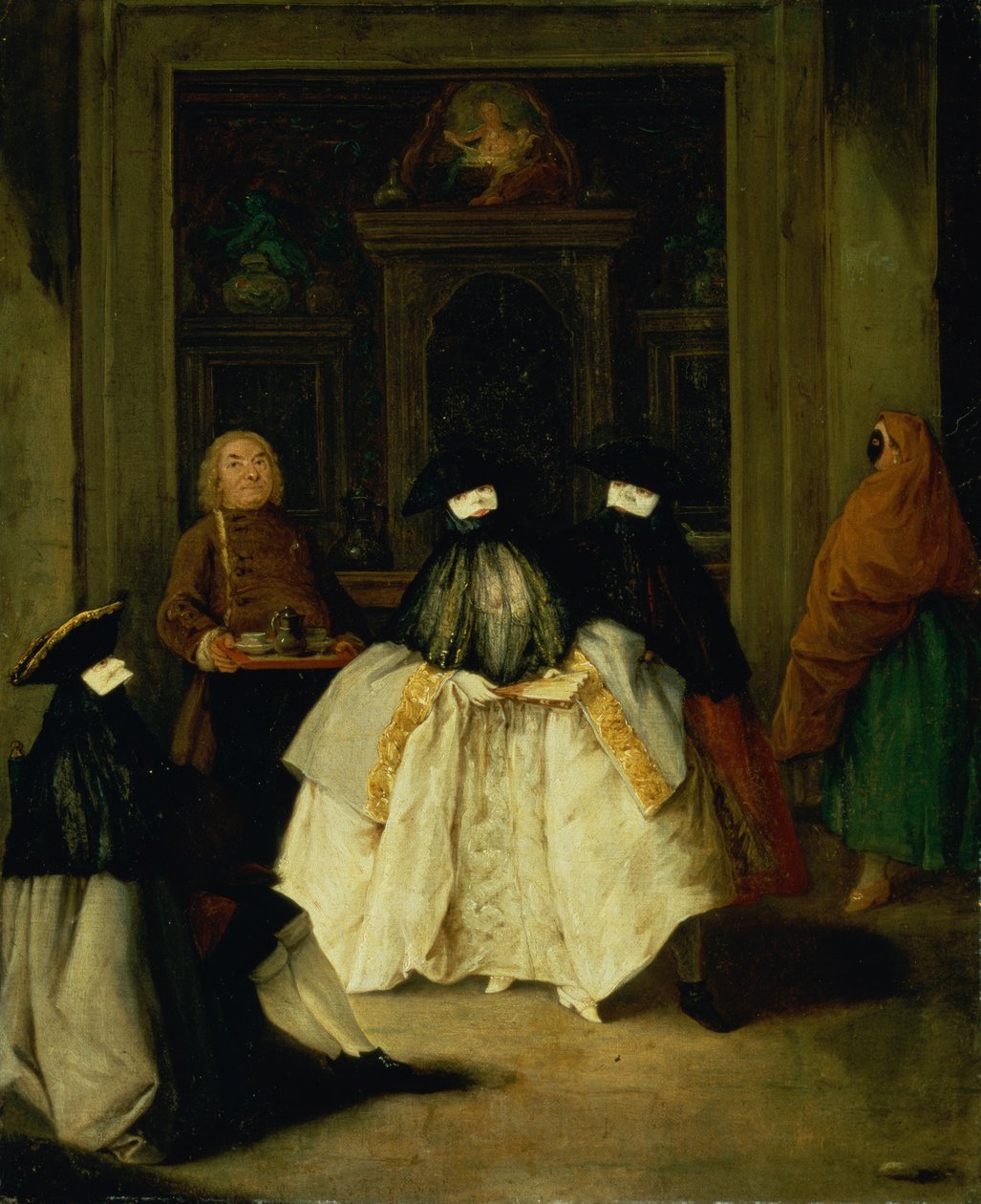 Naamioituja hahmoja venetsialaisessa kahvilassa tekijältä Pietro Longhi