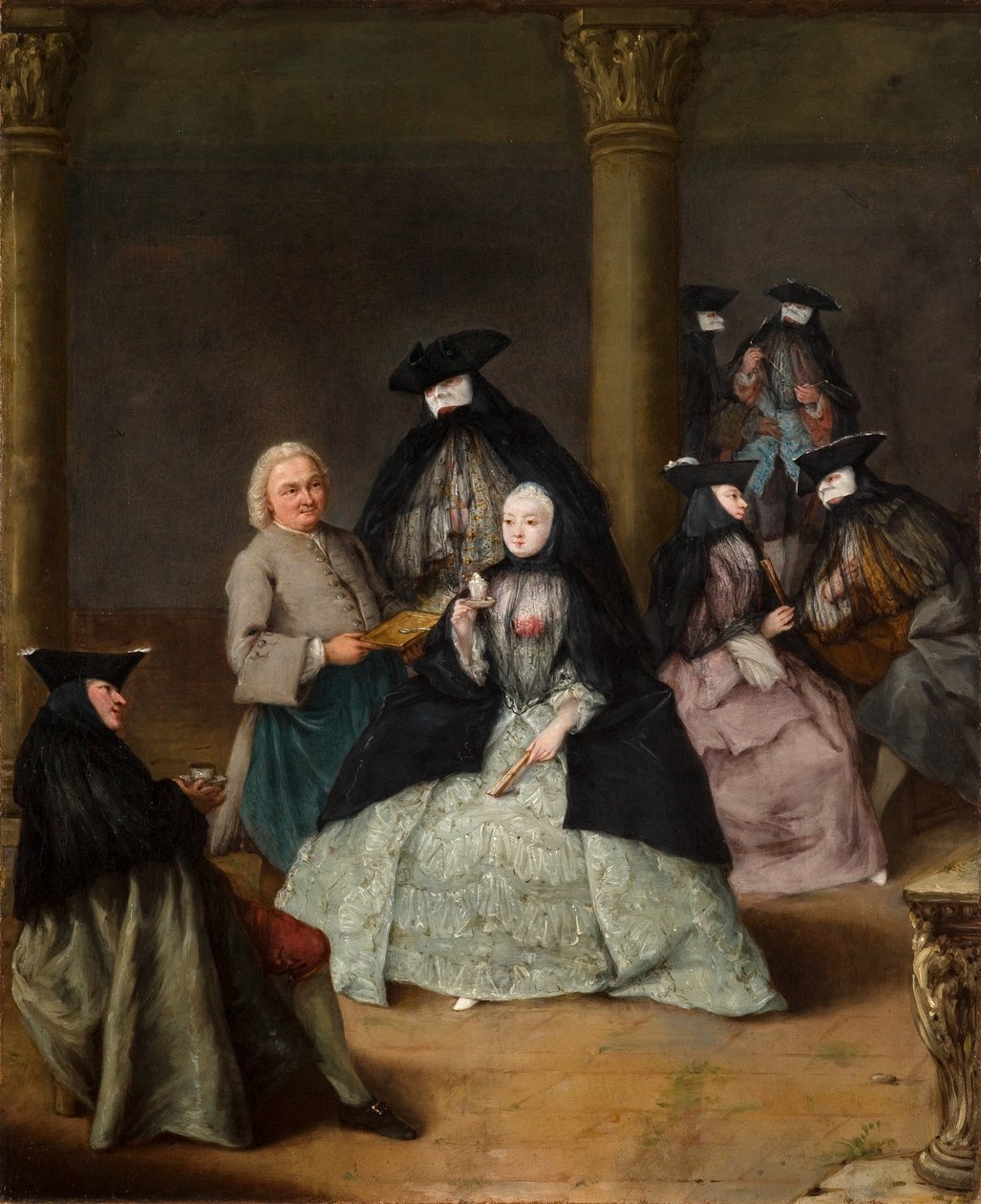 Naamioituneet juhlat pihalla tekijältä Pietro Longhi
