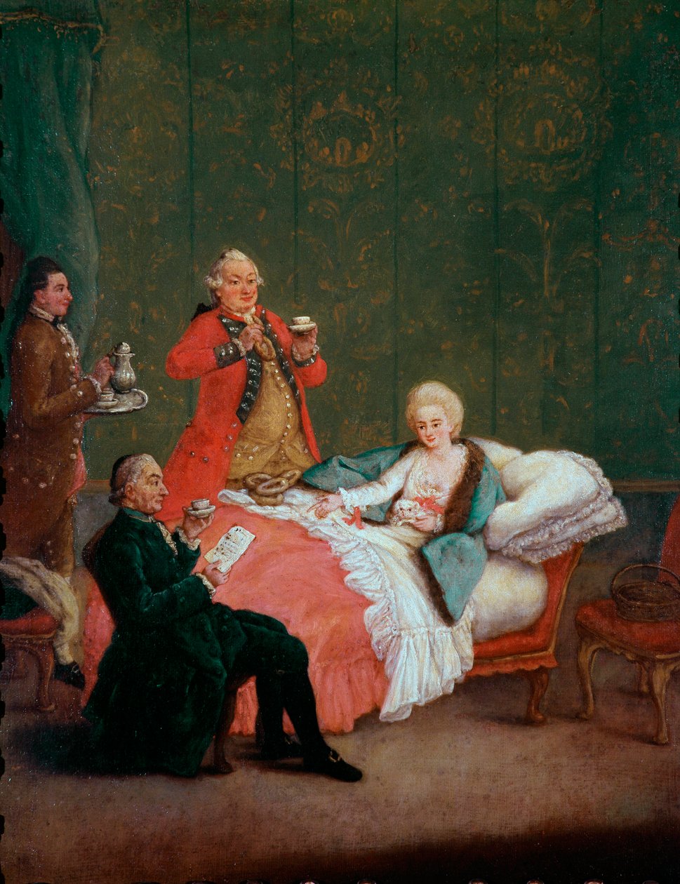 Aamun suklaa nuori nainen makaa sängyssään kolmen miehen palvelemana. Pietro Longhin (1702-1785) maalaus 1775-1780. Himmeä. 60x47 cm Ca 
