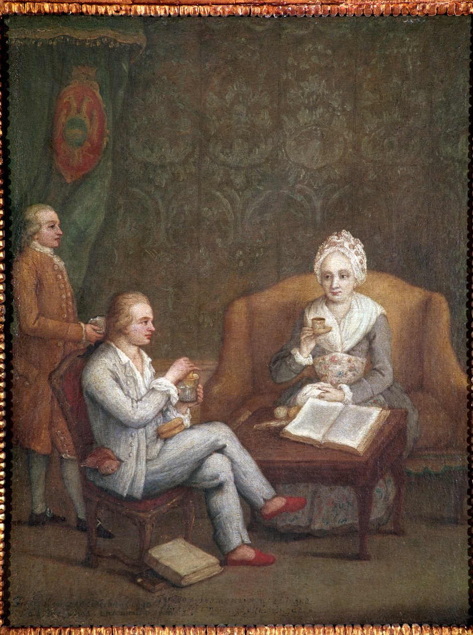 Muotokuva Adriana Giustinianista poikansa Gerolamo Ascanion kanssa ottamassa kuumaa kaakaota (Adriana Giustinian Barbarigo ja hänen poikansa Gerolamo Ascanio ottamassa kupillista suklaata) Pietro Longhin (1702-1785) maalaus 1779 noin. Mitat 58x45 cm Venets tekijältä Pietro Longhi