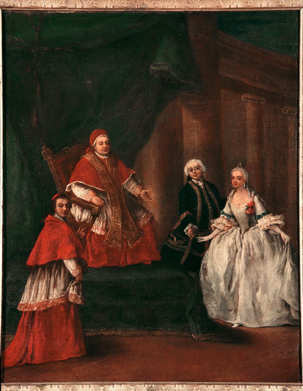 Paavi Klemens XIII:n (1693-1769) esitys hänen veljenpoikansa Ludovico Rezzonicon ja vaimonsa Faustina Savorgnanin kanssa (paavi Klemens XIII veljenpoikansa Ludovico Rezzonicon ja vaimonsa Faustina Savorgnanin kanssa) Pietro Longhin (1702-1785) maalaus (170 tekijältä Pietro Longhi