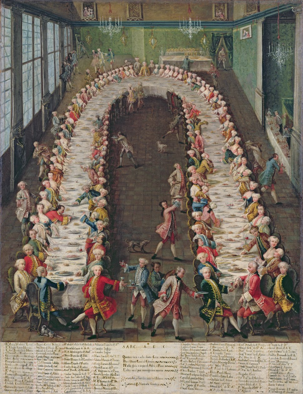 Juhla Casa Nanissa, joka pidettiin heidän vieraansa, Kölnin vaaliruhtinas arkkipiispan Clemente Auguston kunniaksi, 9. syyskuuta 1755 tekijältä Pietro Longhi