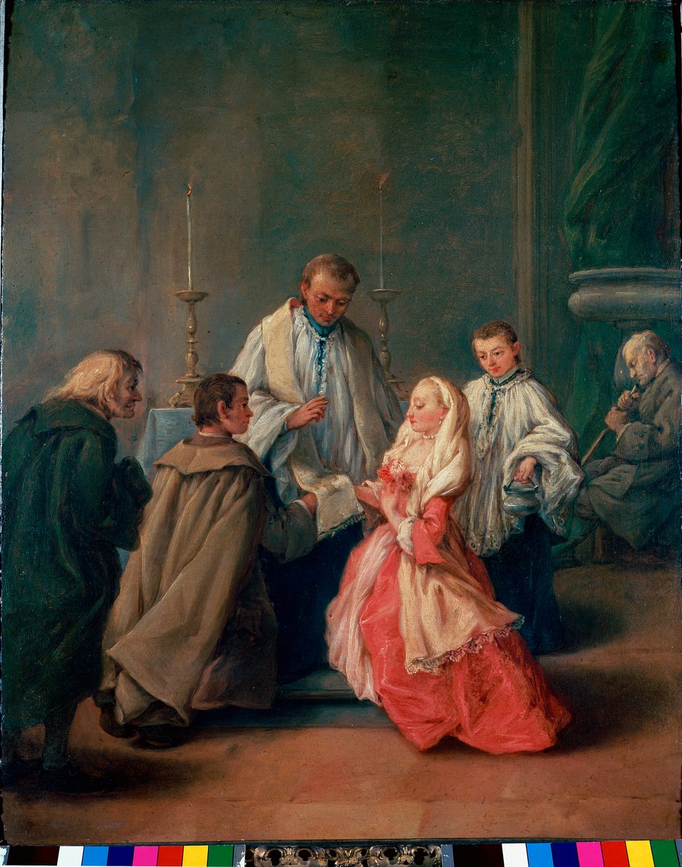Sakramentit: "" Hääseremonia "" Pietro Longhin (Pietro Falca) maalaus (1702-1785) 1755 noin. Su. 62x50 cm Venetsia, Querini-Stampalian kuvagalleria tekijältä Pietro Longhi