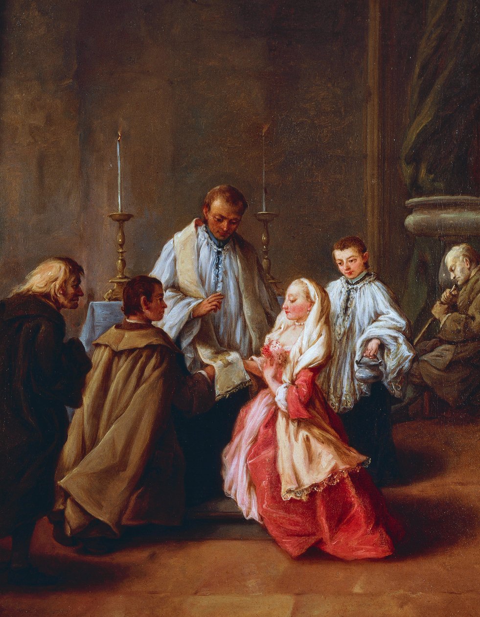 Seitsemän sakramenttia: Avioliitto, ennen 1755-57, Pietro Longhi (1701-1785), öljy kankaalle, 61x50 cm. tekijältä Pietro Longhi