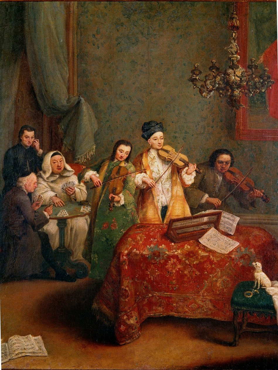 Konsertti Viulistien trio. Pietro Longhin (1702-1788) maalaus 1700-luvun Venetsia, Galleria dell