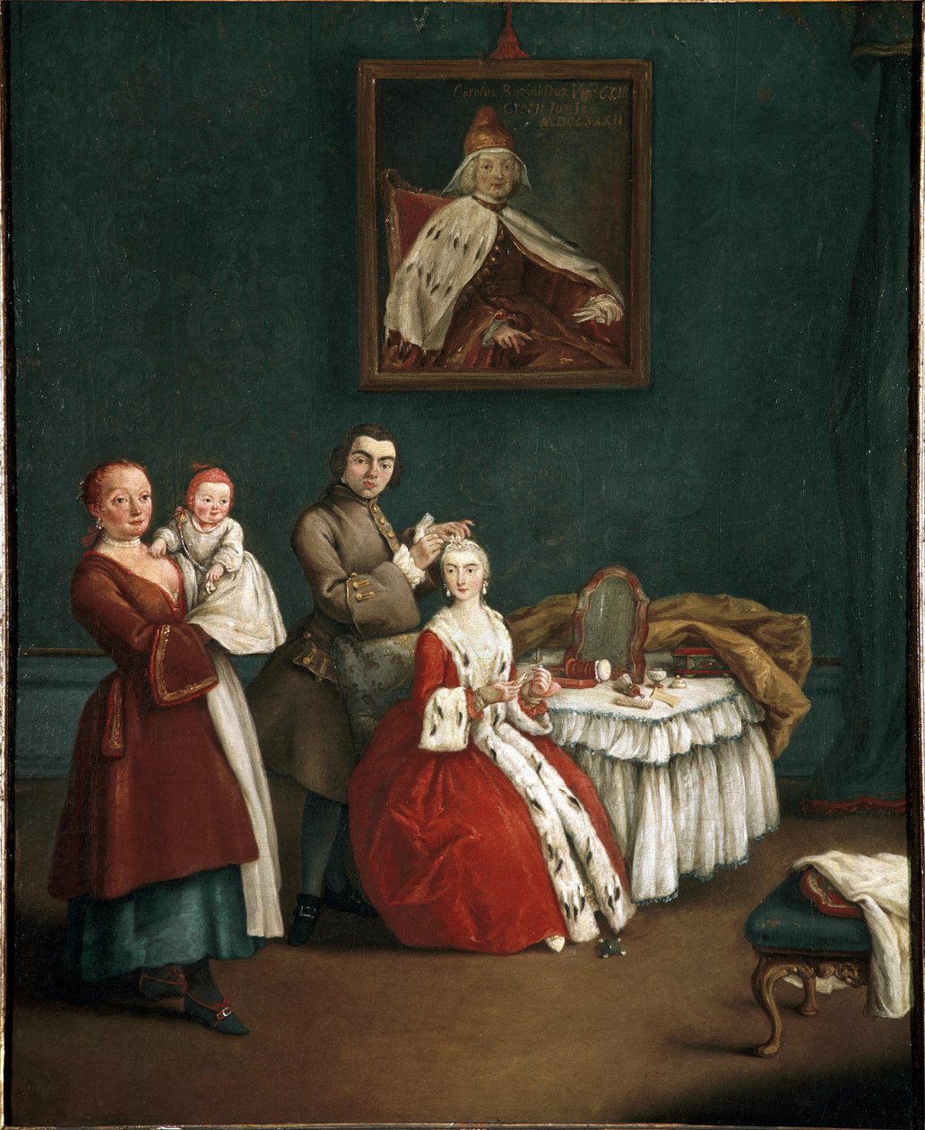 Kampaaja (The hairdresser) Pietro Longhin (1701-1785) maalaus 1760 Mitat 63x51 cm Venetsia, Ca 