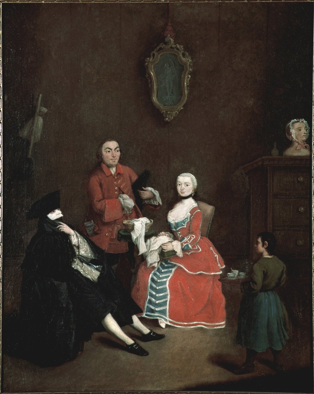 Naamio vierailu Bauta (bautta) merkki vetu venetsialainen puku koostuu musta viitta, musta tricorn hattu ja valkoinen naamio - (Visit in Bauta naamio) Maalaus Pietro Longhi (1702-1785) 1760 n. Dim 62x50 cm Venetsia, Ca 