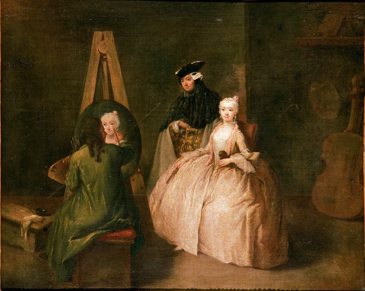Maalarin ateljee Taidemaalari maalaustelineensä edessä kuvaa nuorta naista. Pietro Longhin (1702-1785) maalaus 1740-1745 Sun. 44x53 cm Venetsia, Ca 