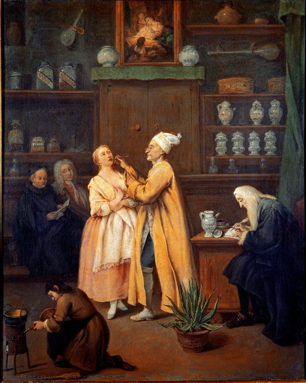 Apteekki. Pietro Longhin (1702-1785) maalaus. 1752 (Aloe Vera etualalla) Galleria dell