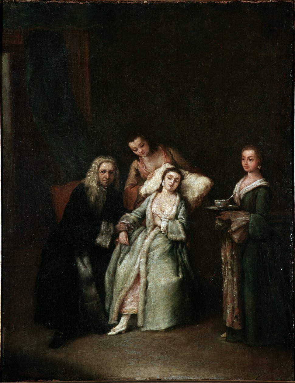 Sairas nainen Lääkärin käynti sairaiden pulssia ottamassa Pietro Longhin (1702-1785) maalaus 1741 Koko 52x41 cm Venetsia, Ca