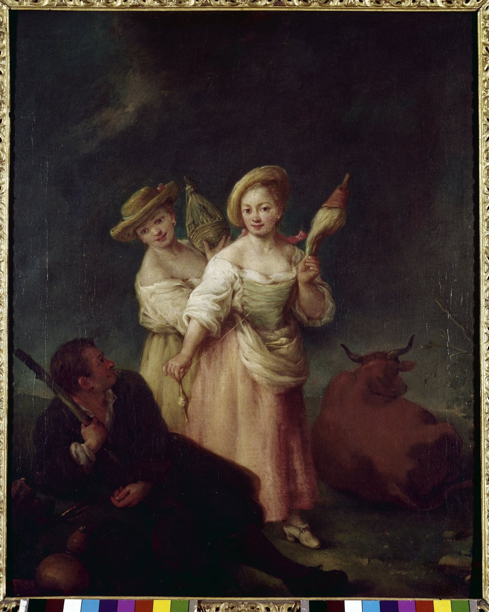 Spinners (The filatrici) - Pietro Longhin (1702-1785) maalaus, öljy kankaalle, 60x49 cm, noin 1760. Venetsia, Querini Stampalia Foundation. tekijältä Pietro Longhi