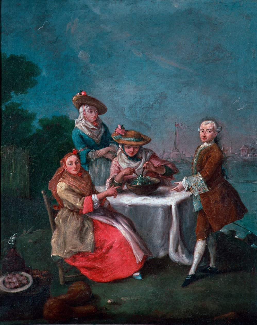 Maistaakseen sitä venetsialaisen suiston puutarhoissa Cartosassa tai Vignolessa Kaksi naista matkapukuissa, yksi heistä maustasi salaatin. Pietro Longhin (1702-1785) maalaus 1759 noin. Aurinko. 62x50 cm venise, Ca 