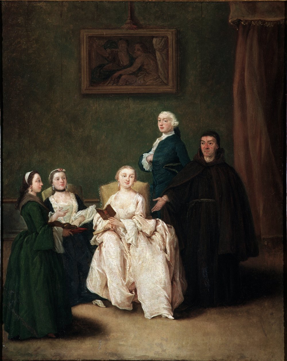 Munkin vierailu aristokraattien luona Pietro Longhin (1702-1785) maalaus n. 1760 Mitat 62x50 cm Venetsia, Ca 