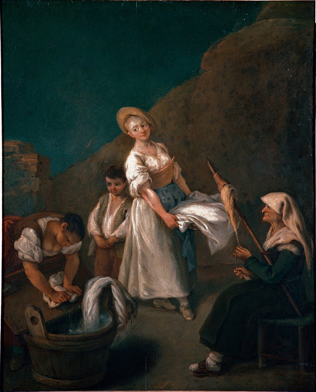 Nuoret naiset pesemässä pyykkiä roskakorissa, iäkäs nainen oikeilla linjoilla villaa. Pietro Longhin (1702-1785) maalaus 1740 noin. Aurinko. 61x50 cm Venetsia, Ca 