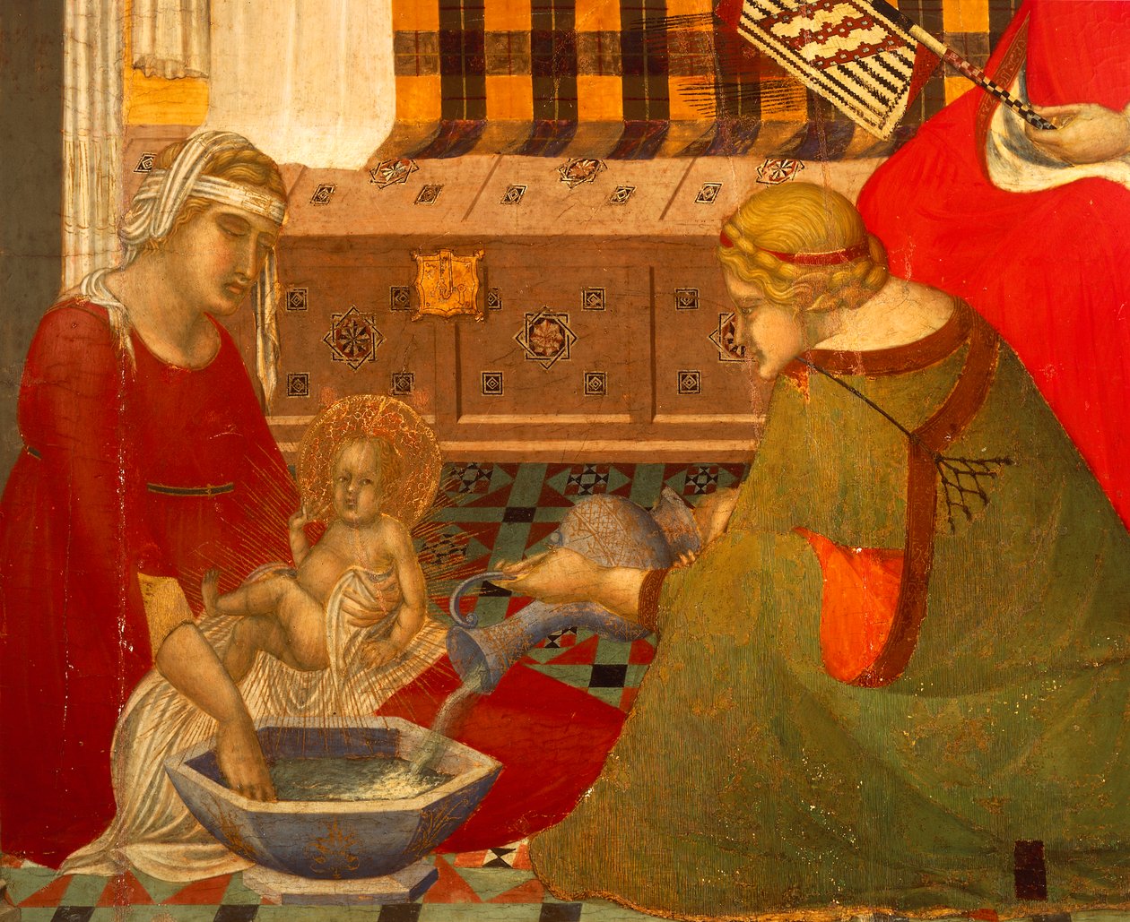 Neitsyen syntymä, yksityiskohta Pietro Lorenzettin (noin 1280-1348) Neitsyt syntymän triptyykistä, tempera puulla tekijältä Pietro Lorenzetti