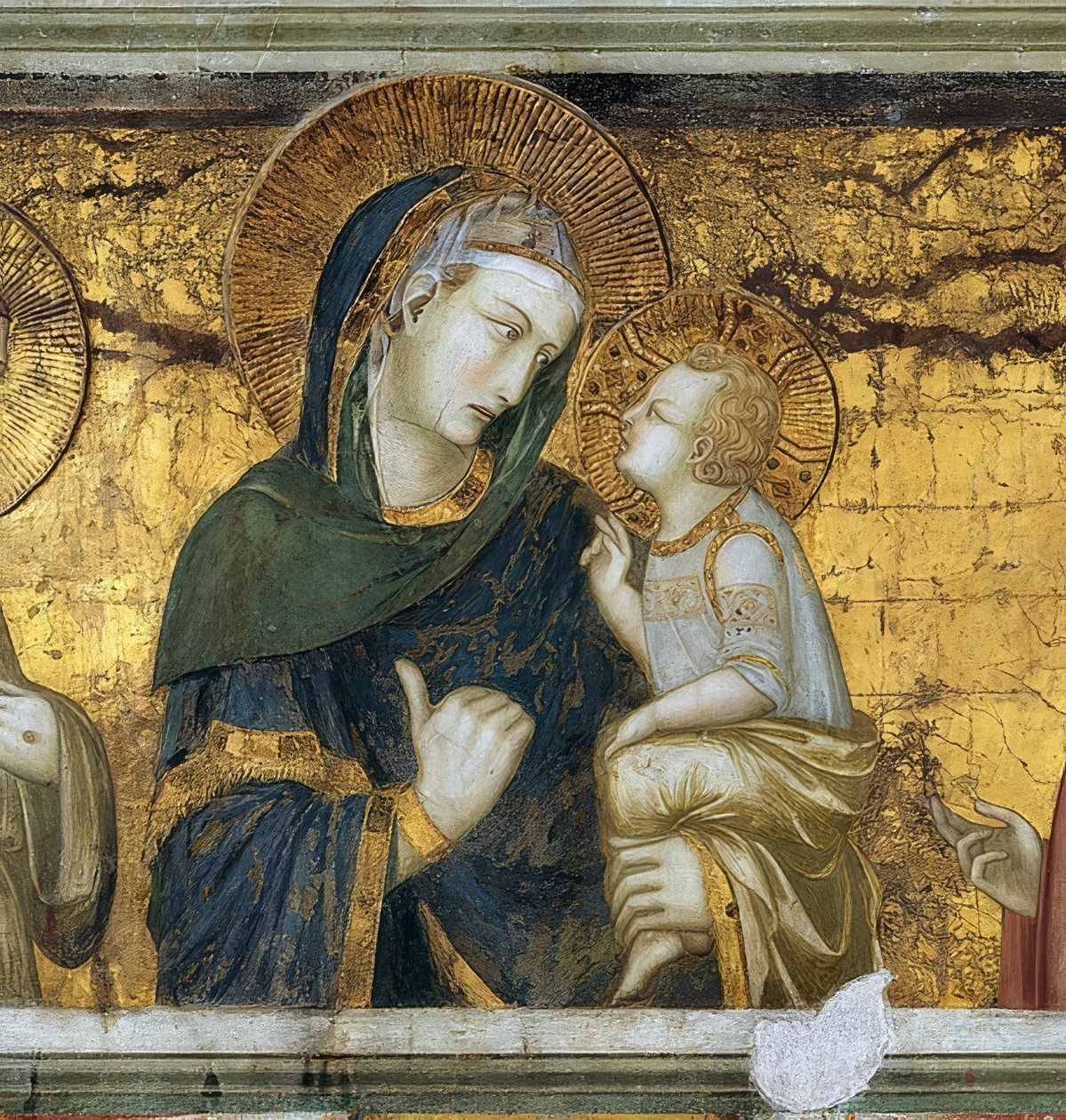Neitsyt ja lapsi Franciscus Assisilaisen ja Johannes Evankelistan välillä. Yksityiskohta. 1315-1319 tekijältä Pietro Lorenzetti