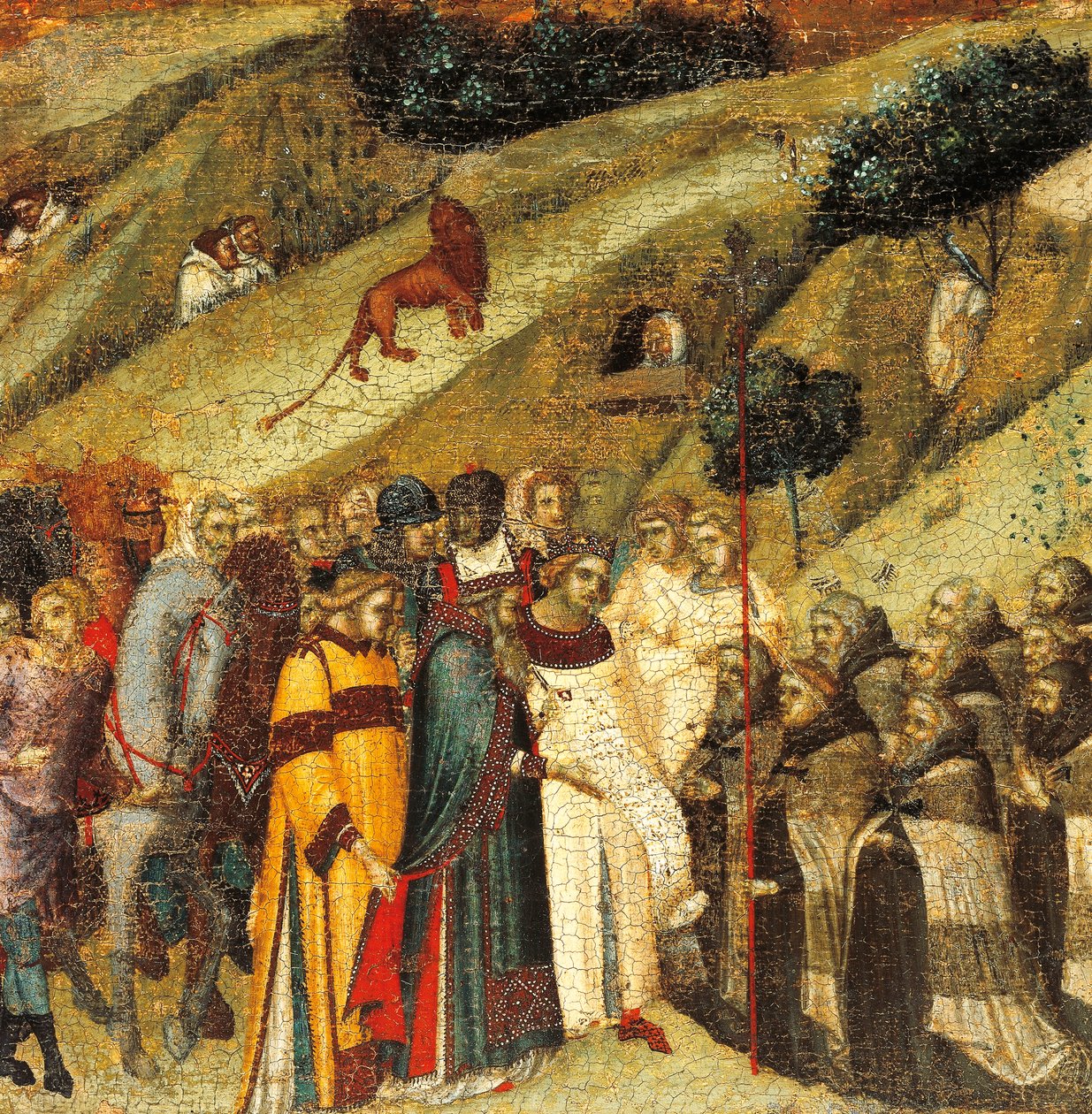 Ensimmäiset karmeliitin erakot Elian keväällä, yksityiskohta Carmine, Pietro Lorenzettin (noin 1280-1348) alttaritaulun predellistä, tempera ja kulta puupaneelissa tekijältä Pietro Lorenzetti