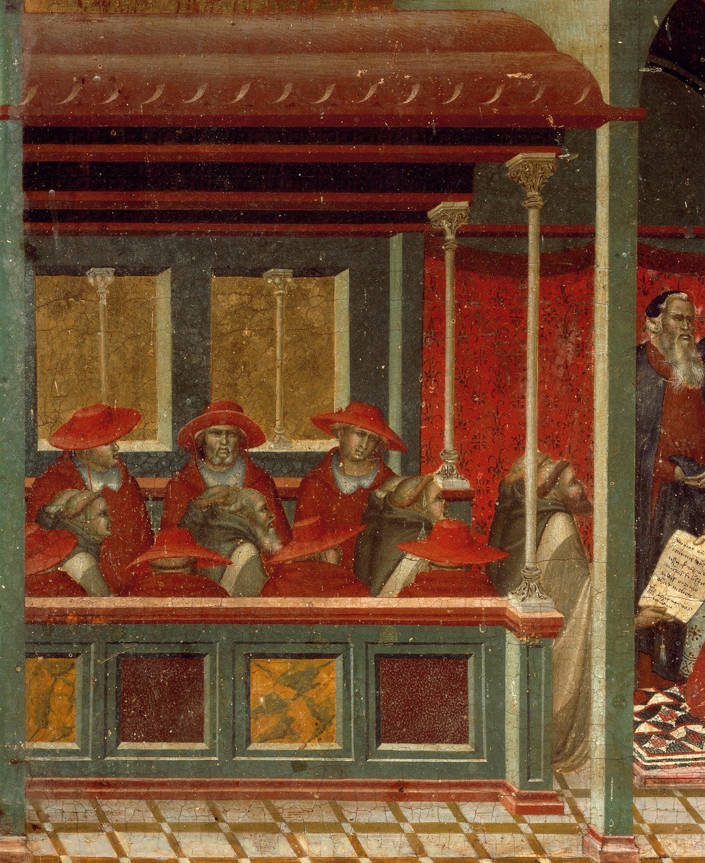 Honorius III:n hyväksymä karmeliitin sääntö, yksityiskohta Pietro Lorenzettin (noin 1280-1348) Carmine-alttaritaulun predellasta, tempera ja kulta puupaneelissa tekijältä Pietro Lorenzetti