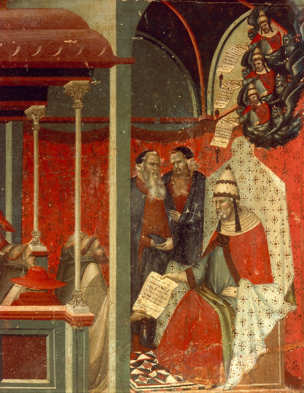 Honorius III:n hyväksymä karmeliittisääntö, Pietro Lorenzettin (n. 1280-1348) Carmine-alttaritaulun predellan yksityiskohta, tempera ja kulta puupaneelissa tekijältä Pietro Lorenzetti