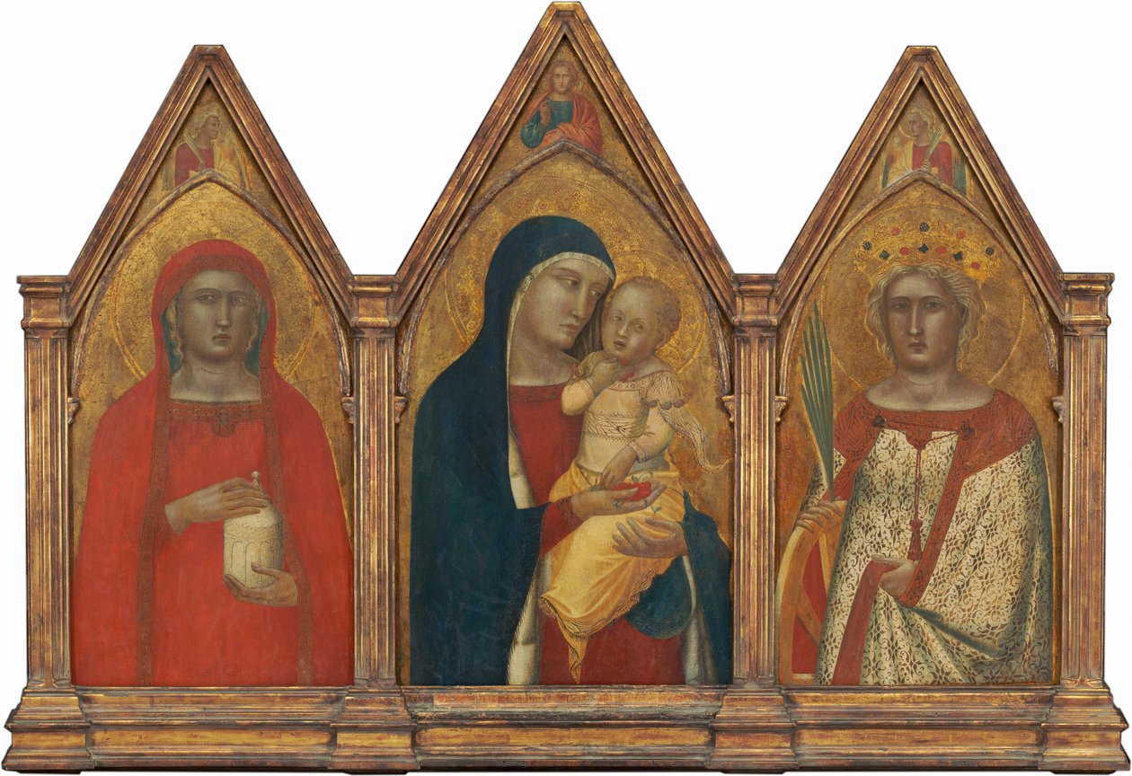 Madonna ja lapsi siunauksen Kristuksen kanssa ja pyhät Maria Magdaleena ja Katariina Aleksandrialainen enkelien kanssa [koko triptyykki] tekijältä Pietro Lorenzetti