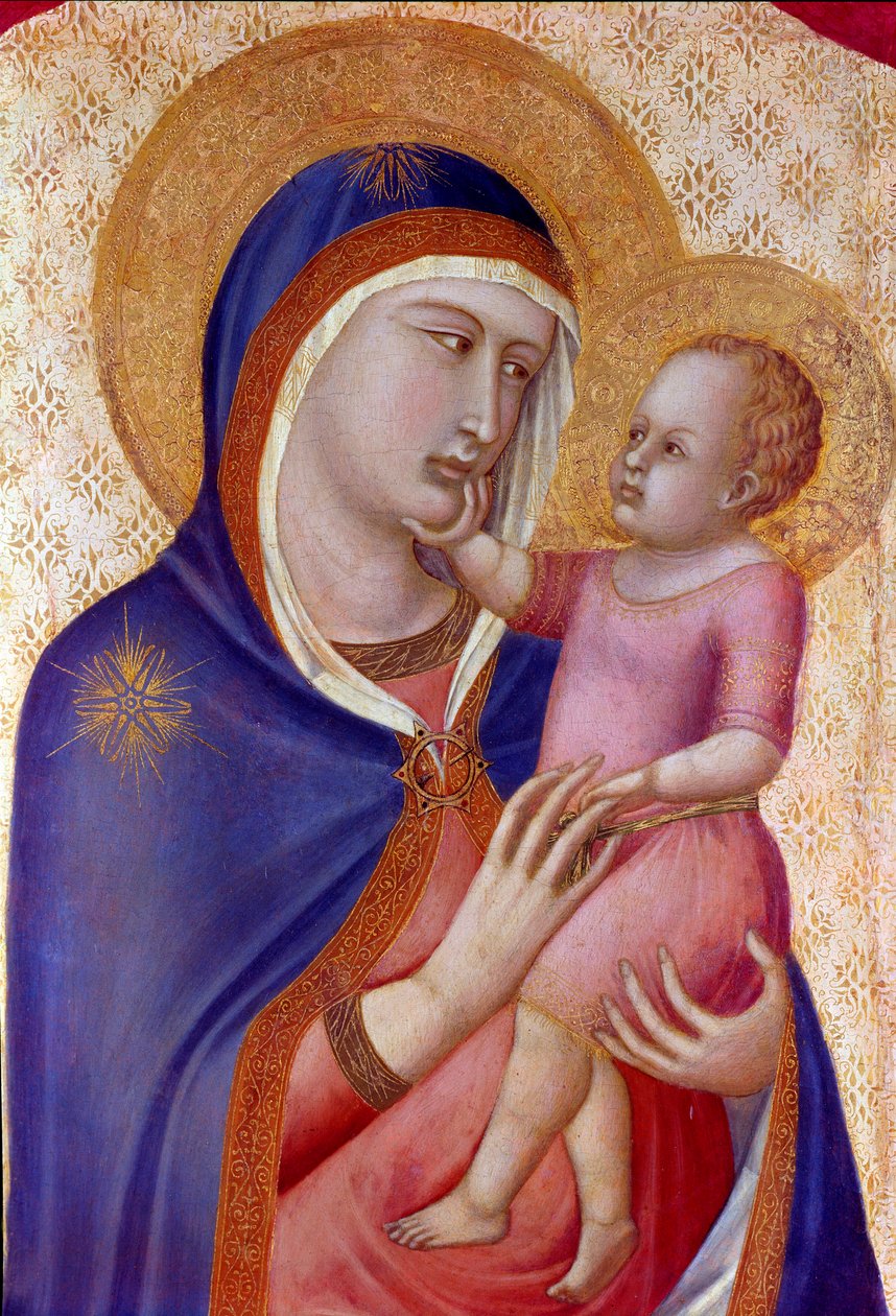 Madonna loistossa Neitsyen yksityiskohdassa on lapsi majesteettisuudessa enkelien välissä. Detrempe puulla Pietro Lorenzetti (1280-1348) 1340 Dim. 1,45x1,22 m Firenze, Uffizin galleria tekijältä Pietro Lorenzetti