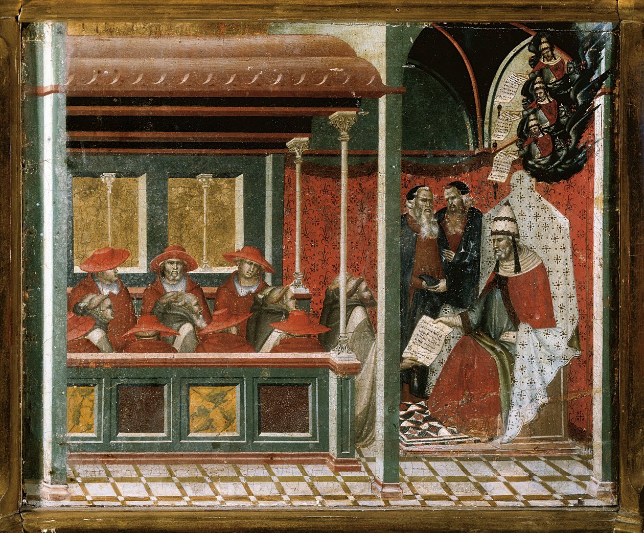 Paavi Honorius III hyväksyi karmeliitin säännön, yksityiskohdat (tempera ja kulta puussa) tekijältä Pietro Lorenzetti